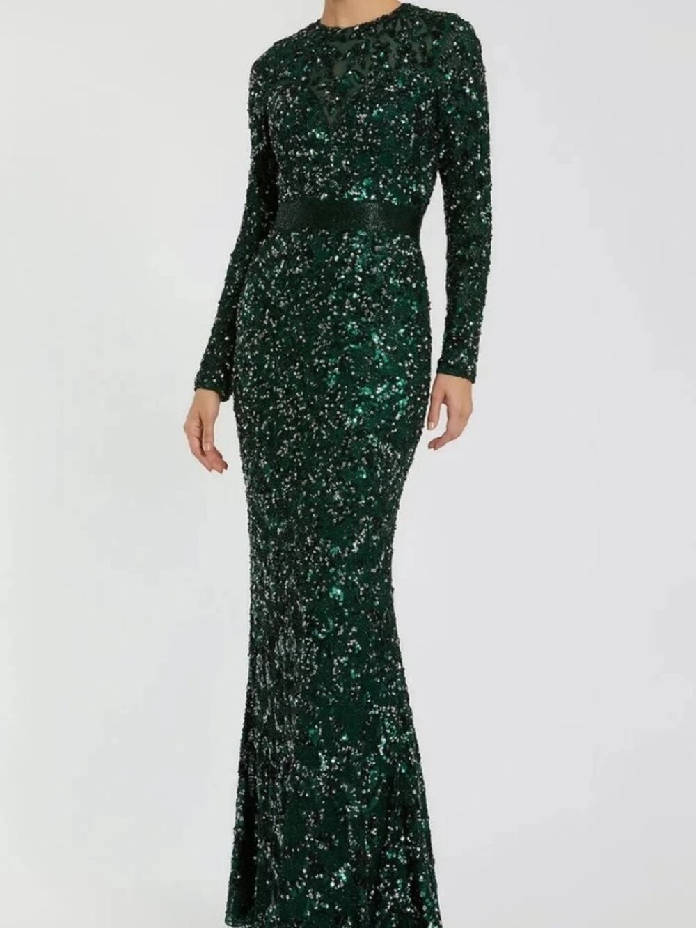 Mac Duggal Forest Green Sequin Beaded Empire Waist Long Sleeve Gown - Picture 1 of 3